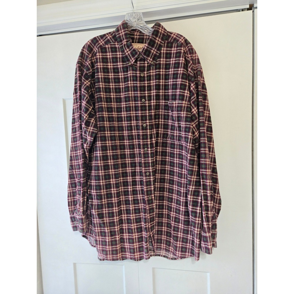Woolrich Mens XL Corduroy Button Down Shirt Plaid Burgundy Green Long Sleeve